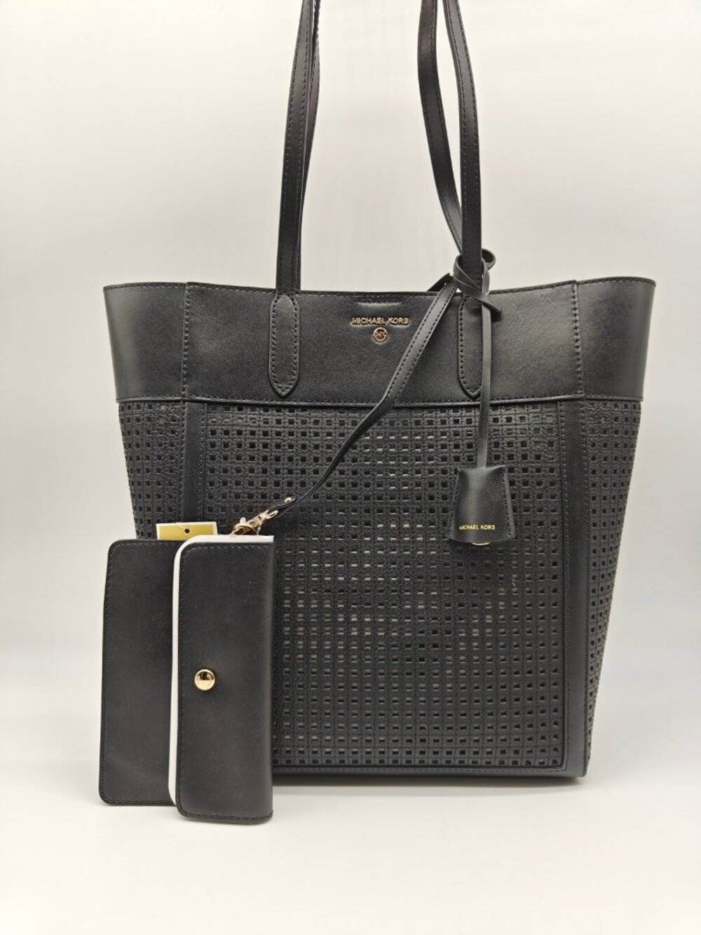 MICHAEL KORS Sinclair perforated leather shopper tote + pouch in Black 2 PC Set